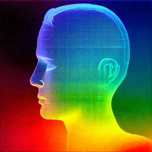 Close-up of a person's head, with a colorful background