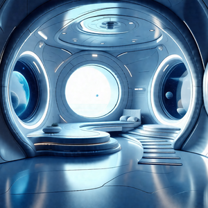 Futuristic room with a large, round window in the center