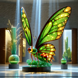 Large, colorful butterfly sculpture sitting on a pedestal...