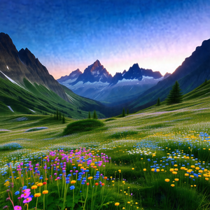 Beautiful mountain landscape with a lush green field and ...
