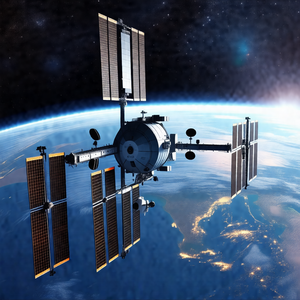 Space shuttle with a large satellite dish on top of it