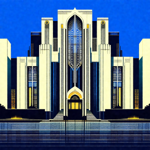 Black and white drawing of a large building with a promin...