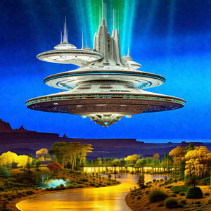 Futuristic city with a large, circular spacecraft floatin...