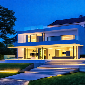 Large, modern-looking house with a white exterior
