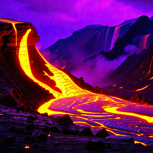 Large, flowing lava stream that is pouring out of a volcano