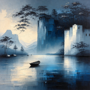 Small boat floating on a body of water, possibly a lake o...