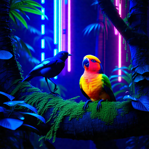 Vibrant scene with two birds perched on a tree branch