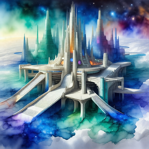 Colorful, computer-generated drawing of a futuristic city...