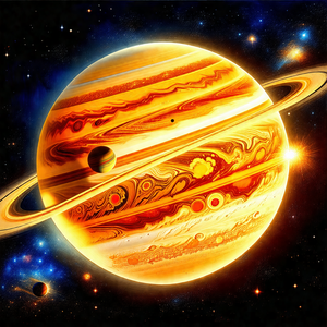 Colorful and detailed painting of a planet, likely a gas ...