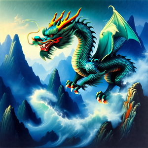 Large, colorful dragon flying over a body of water
