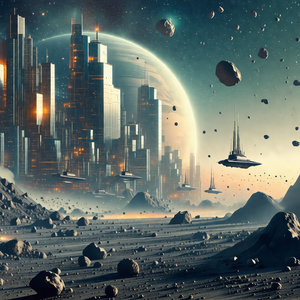 Futuristic scene featuring a city with a large, round spa...