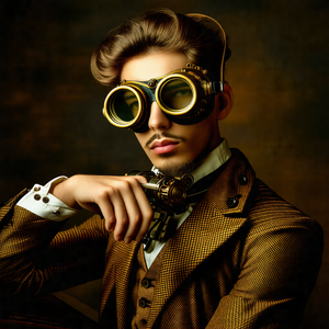 Man wearing a suit and tie, with a pair of goggles on his...