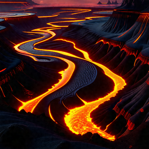 Red lava flow, likely from a volcano, as it flows down a ...
