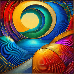 Colorful painting of a sunset, featuring a large sun in t...