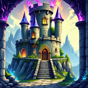 Large, colorful castle with a purple and blue color scheme