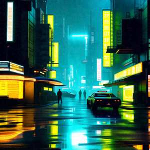 Black and white photo of a city street at night