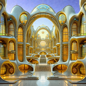 Painting of a large, ornate building with a domed roof