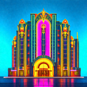 Colorful, artistic depiction of a large, ornate building ...