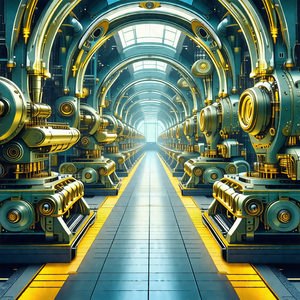Blue and yellow cartoon of a factory with a long hallway ...