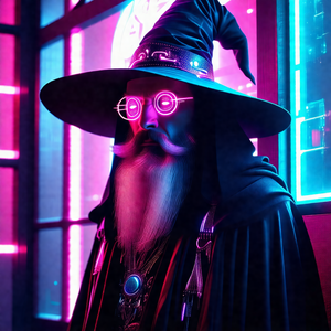 Man wearing a wizard's hat and glasses, giving him a uniq...