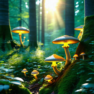 Forest with a group of mushrooms growing on the ground