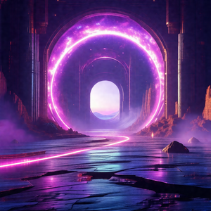 Futuristic scene with a large, purple, circular structure...