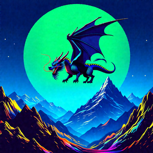 Dragon flying through the sky, with a mountain range in t...
