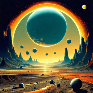 Painting of a planet with a ring of moons surrounding it
