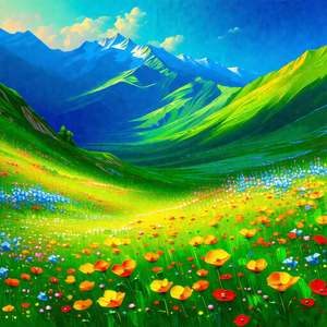Beautiful, lush green field with a mountain range in the ...
