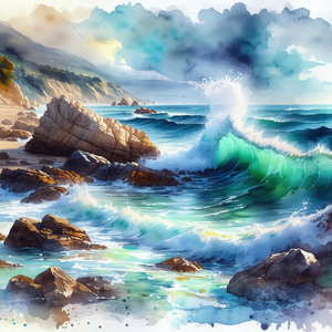 Beautiful ocean scene with a large wave crashing into the...