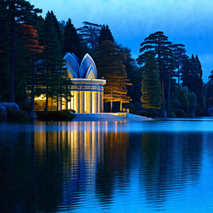 Beautiful white building situated on the edge of a lake