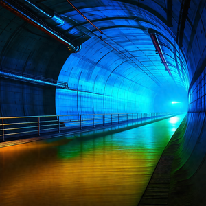 Long, narrow tunnel with a blue light illuminating the space