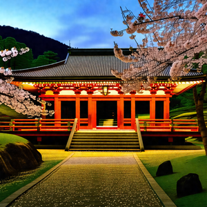 Beautiful japanese temple with a red roof, surrounded by ...
