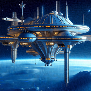 Futuristic space station with a large, round structure at...