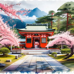 Painting of a japanese temple with a red roof