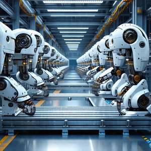 Factory with a large number of white robots lined up in rows