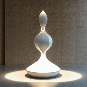 Large, white, modern sculpture sitting on a white pedestal