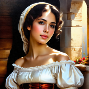 Beautiful woman with long, curly hair, wearing a white dress