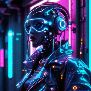 Woman wearing a futuristic outfit, including a jacket and...