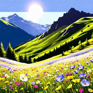 Beautiful mountain landscape with a lush green field and ...