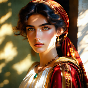 Woman wearing a red headscarf and a gold necklace