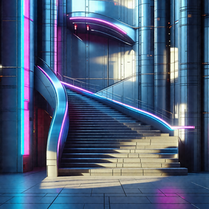 Large, modern building with a spiral staircase that leads...