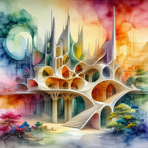 Painting of a large, intricate building with a staircase ...