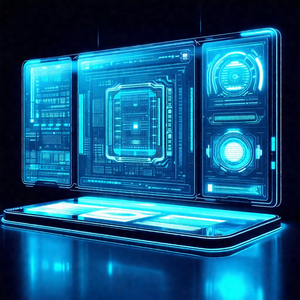 Futuristic computer setup with a large blue screen and a ...