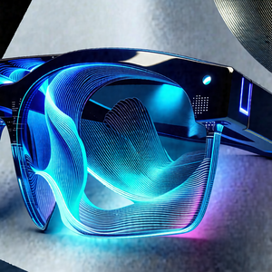 Pair of futuristic, blue and purple-colored sunglasses