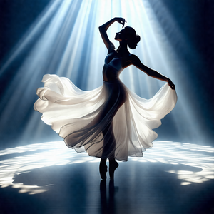 Woman in a white dress, standing on a stage and performin...