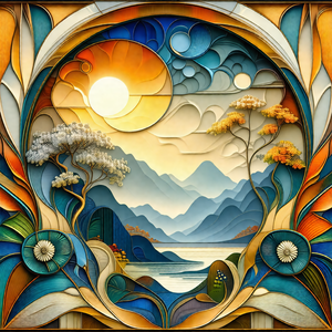Beautiful stained glass window with a mountainous landsca...