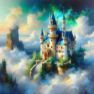 Large, majestic castle with a blue roof, situated on top ...