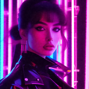 Woman wearing a black leather jacket and earrings