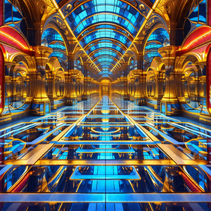 Blue and gold painting of a large, ornate building with a...